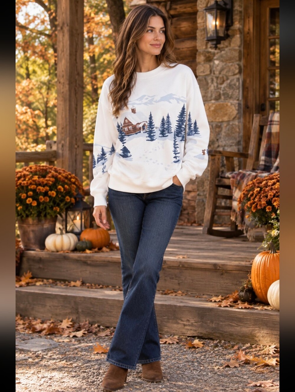 ☃️❄️ HOLLISTER Women's Cream COZY WINTER SCENE Cabin Graphic SWEATSHIRT ❄️☃️